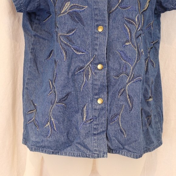 Together Vintage 90s Denim Shirt Medium - Embroidered Snap Front Jean Top - Picture 4 of 10